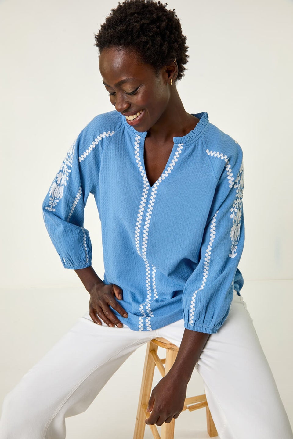 Roman Denim Embroidered Sleeve V-Neck Top