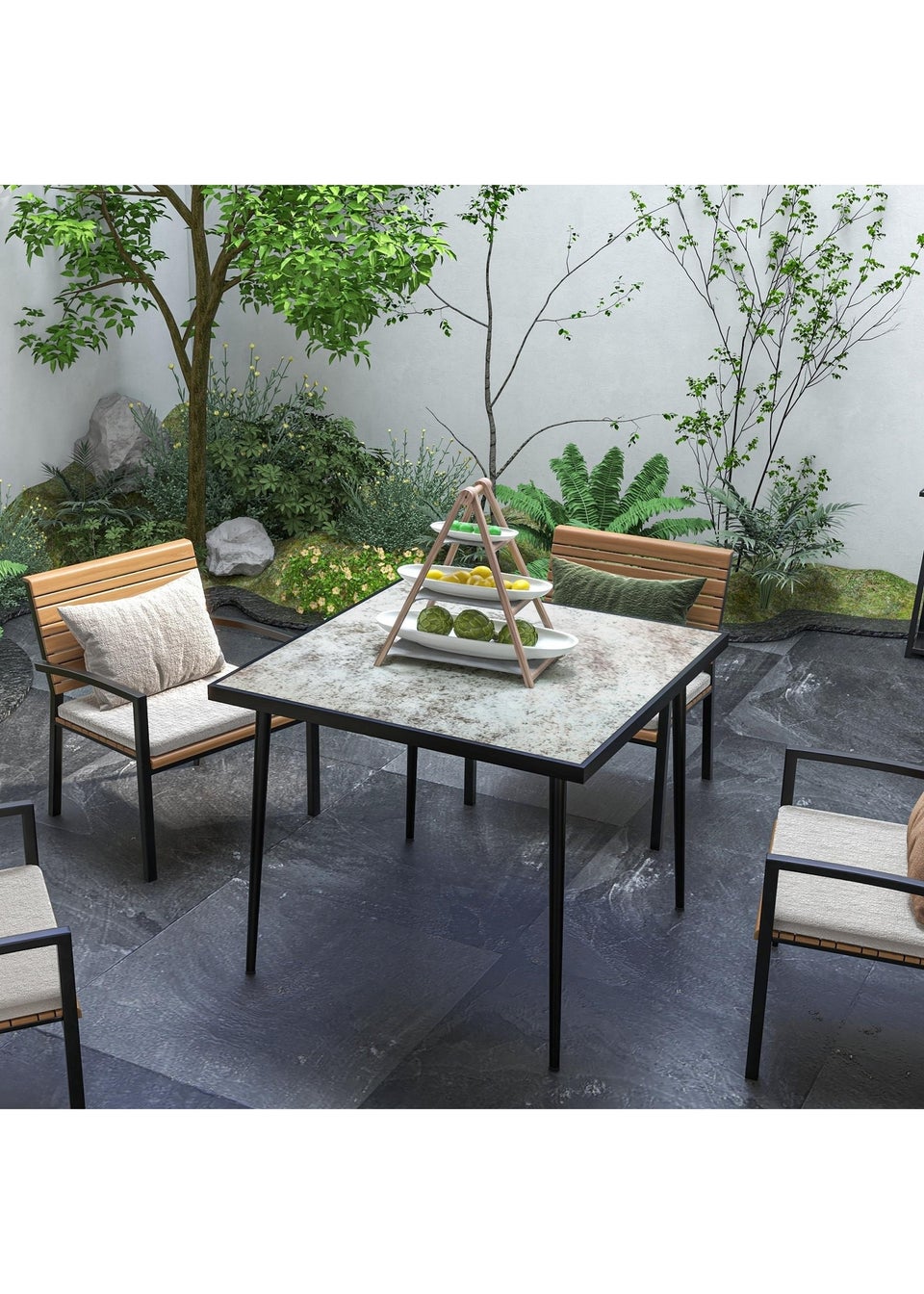 Outsunny Outdoor Dining Table for 4 with Marble Effect Tempered Glass Top