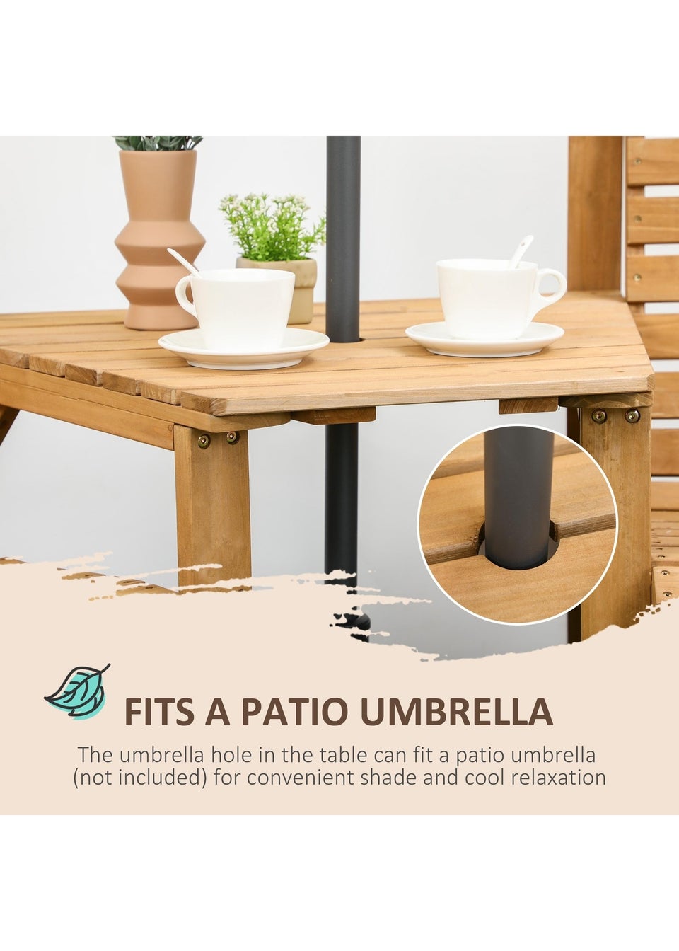 Outsunny Wooden Garden Love Seat with Coffee Table Umbrella Hole Partner Bench