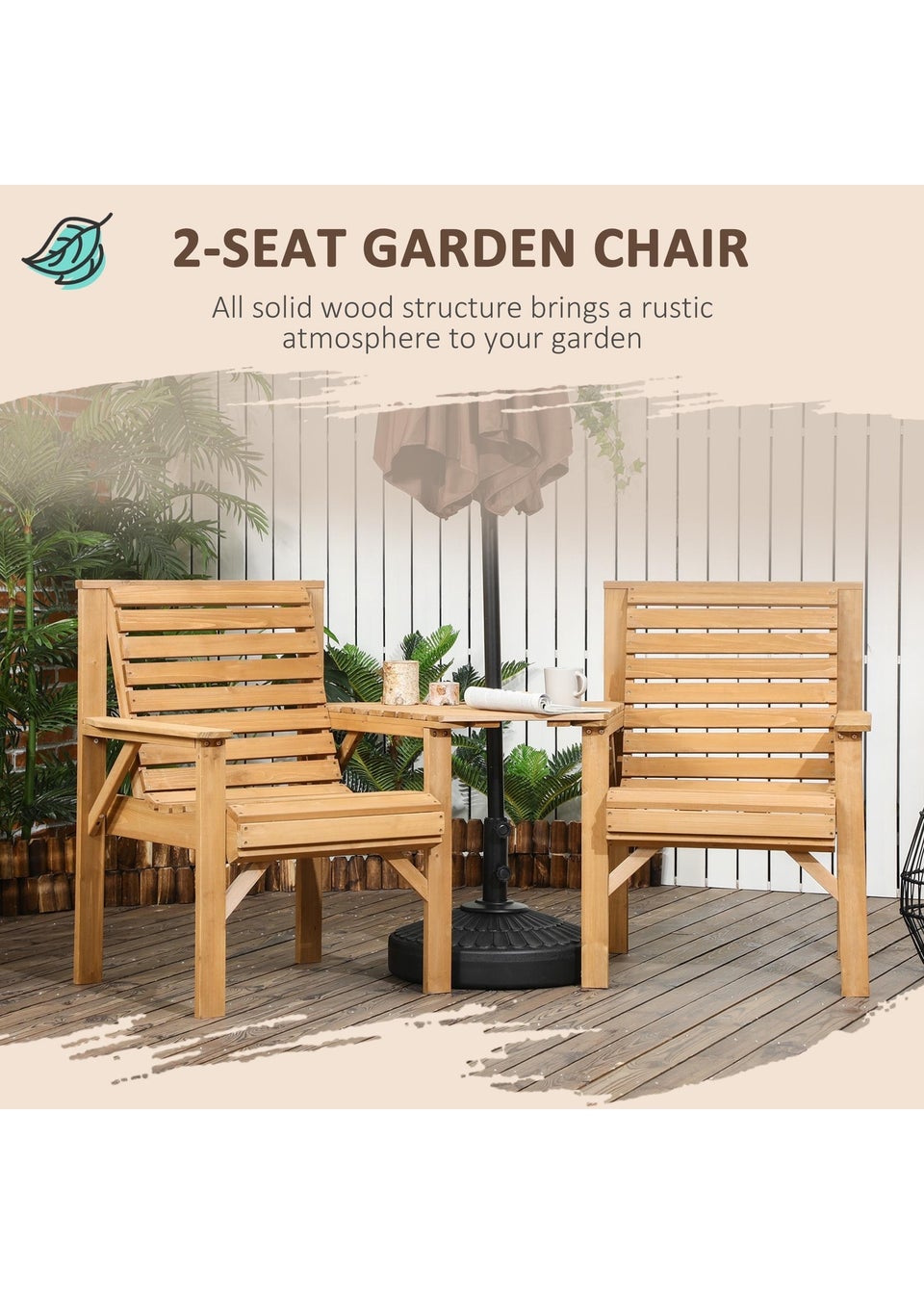 Outsunny Wooden Garden Love Seat with Coffee Table Umbrella Hole Partner Bench