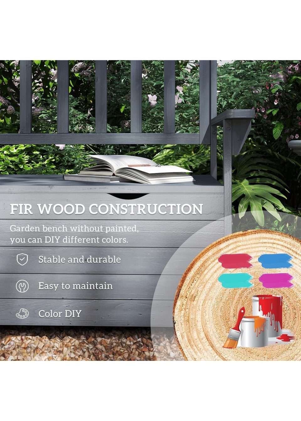 Outsunny Garden Storage Bench 2 Seater Fir Wood Outdoor Bench