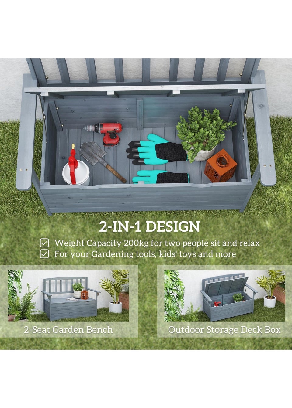 Outsunny Garden Storage Bench 2 Seater Fir Wood Outdoor Bench
