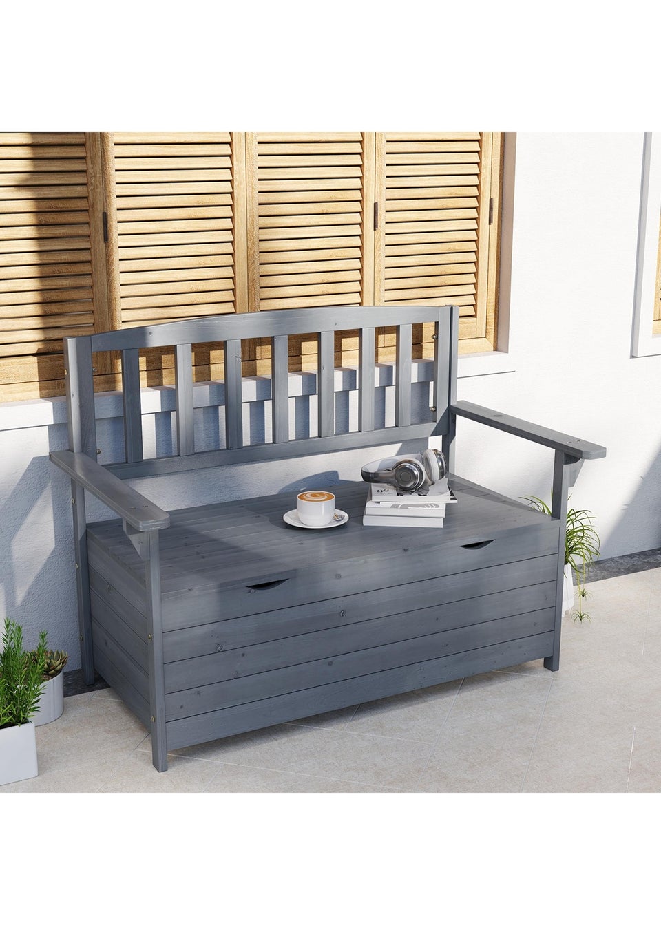Outsunny Garden Storage Bench 2 Seater Fir Wood Outdoor Bench