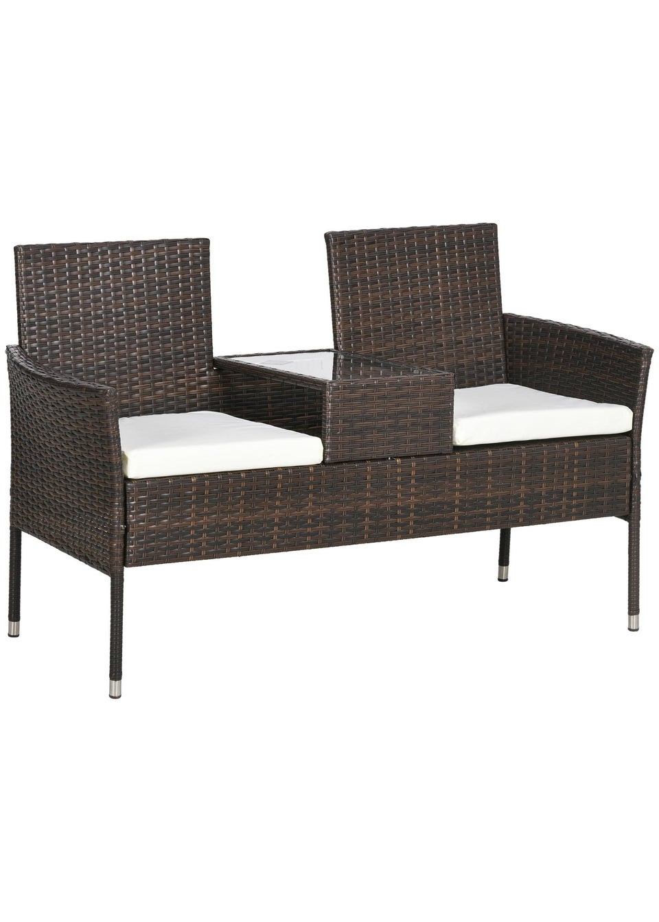 Outsunny Rattan Garden Bench Glass Tea Table Wicker Chair with Cushions