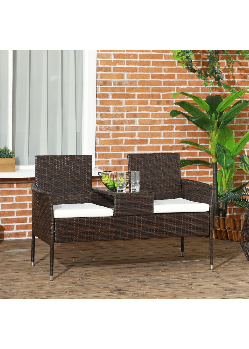 Outsunny Rattan Garden Bench Glass Tea Table Wicker Chair with Cushions