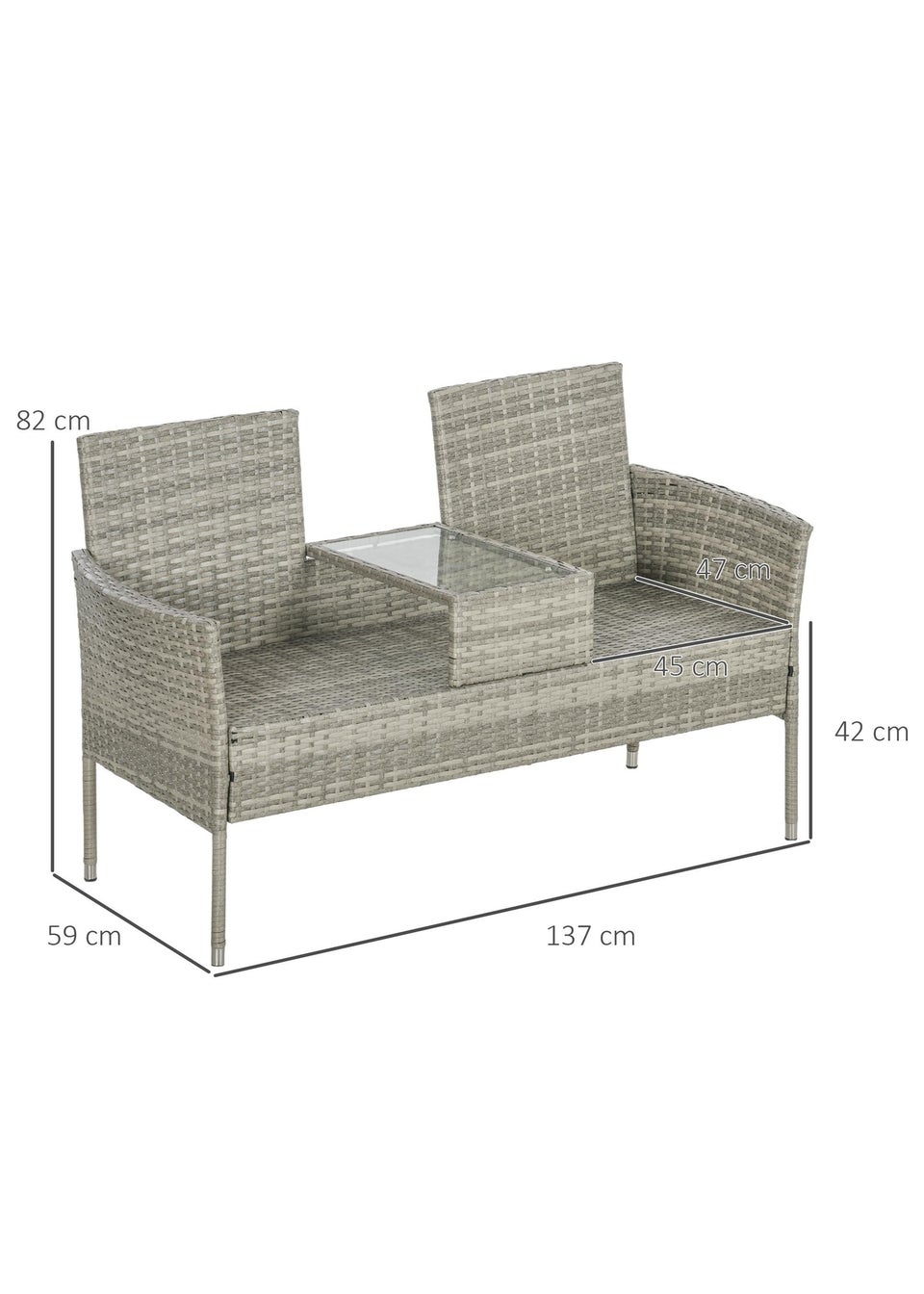 Outsunny Rattan Garden Bench Glass Tea Table Wicker Chair with Cushions