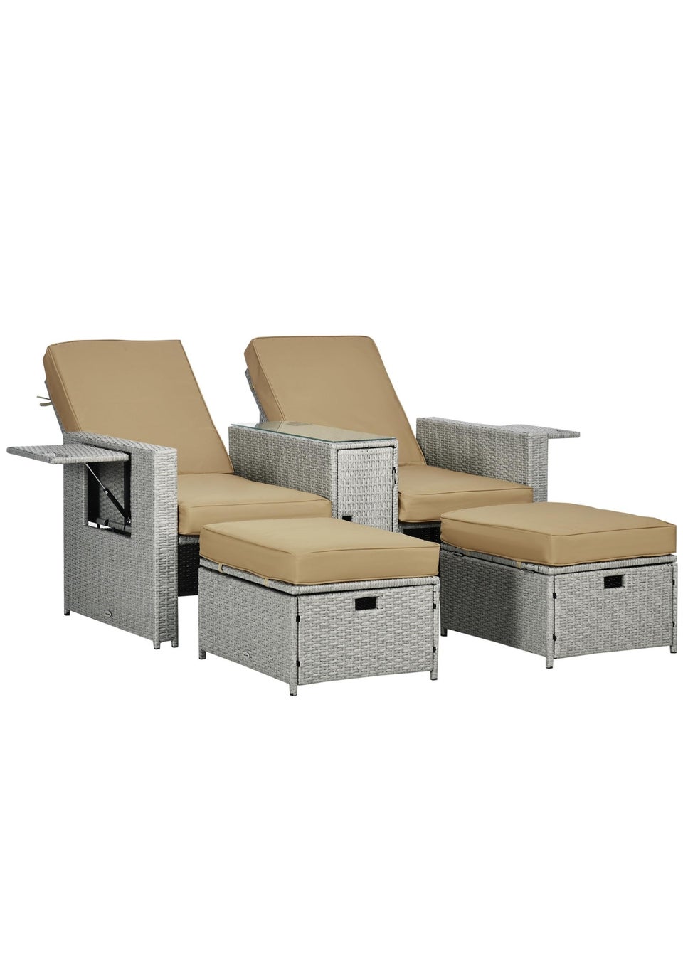 Outsunny Recliner Rattan Sun Lounger with Storage Tea Table & Footstools