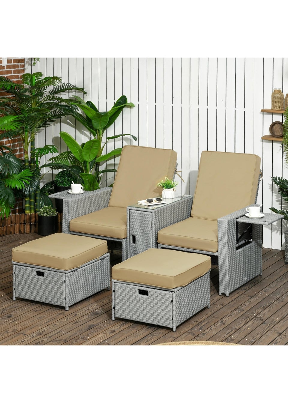 Outsunny Recliner Rattan Sun Lounger with Storage Tea Table & Footstools
