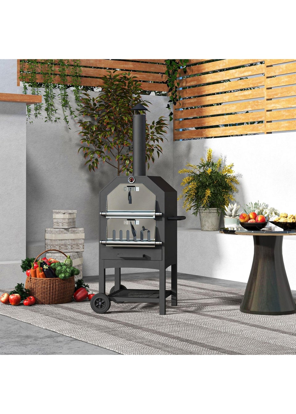 Outsunny Outdoor Pizza Oven Charcoal Grill with Rain Cover, Shelf & Wheels
