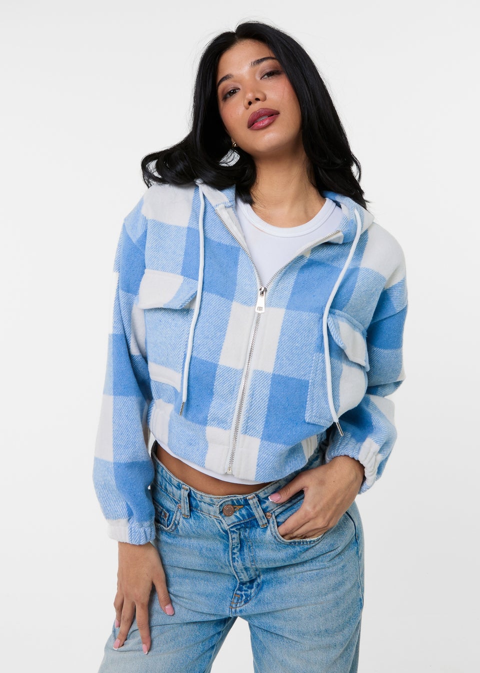 Pink Vanilla Blue Hooded Drawstring Fleece Jacket