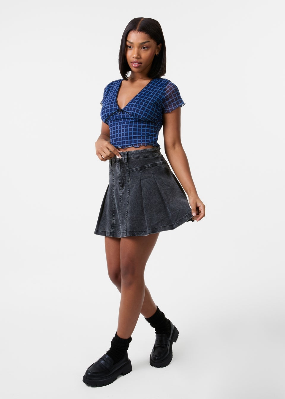 Pink Vanilla Blue Check Cap Sleeve Crop Top