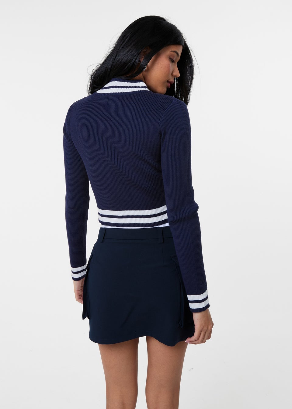 Pink Vanilla Navy Knitted Cardigan Contrast Tipping