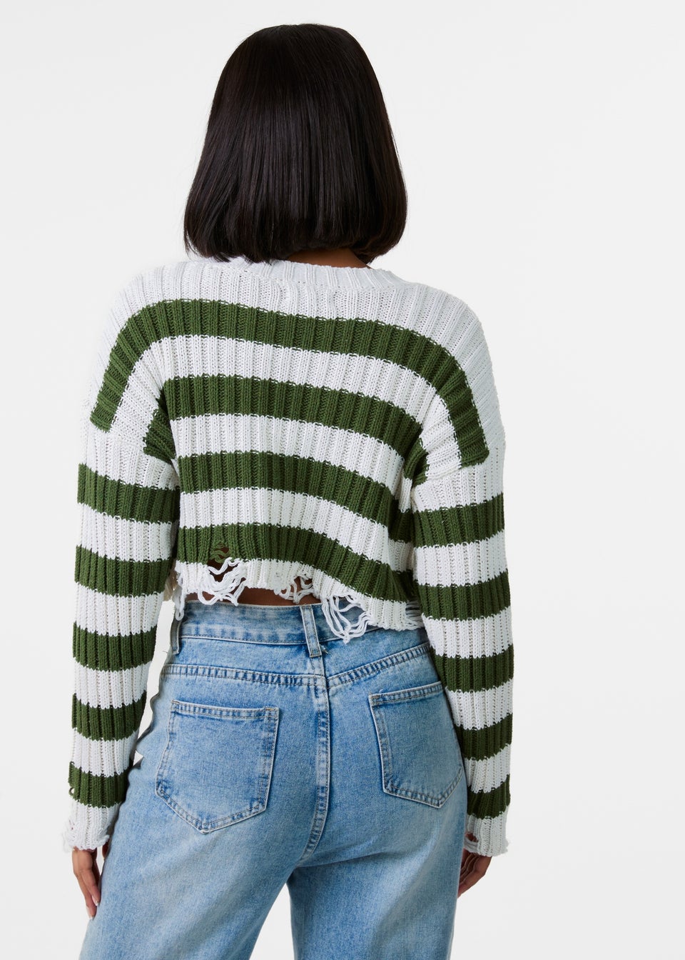 Pink Vanilla White Distressed Striped Crop Knit Jumper