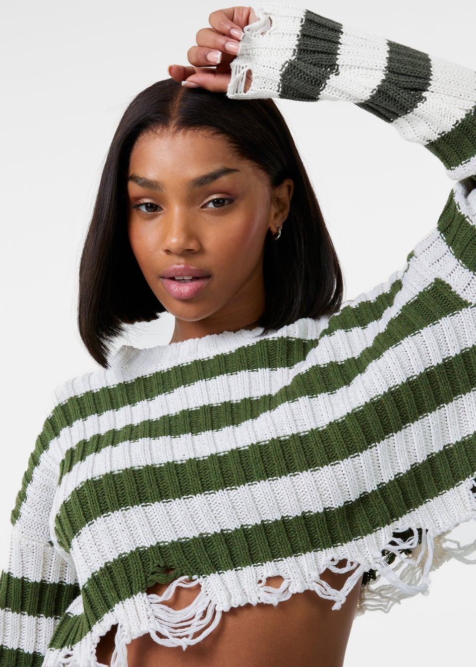 Pink Vanilla White Distressed Striped Crop Knit Jumper