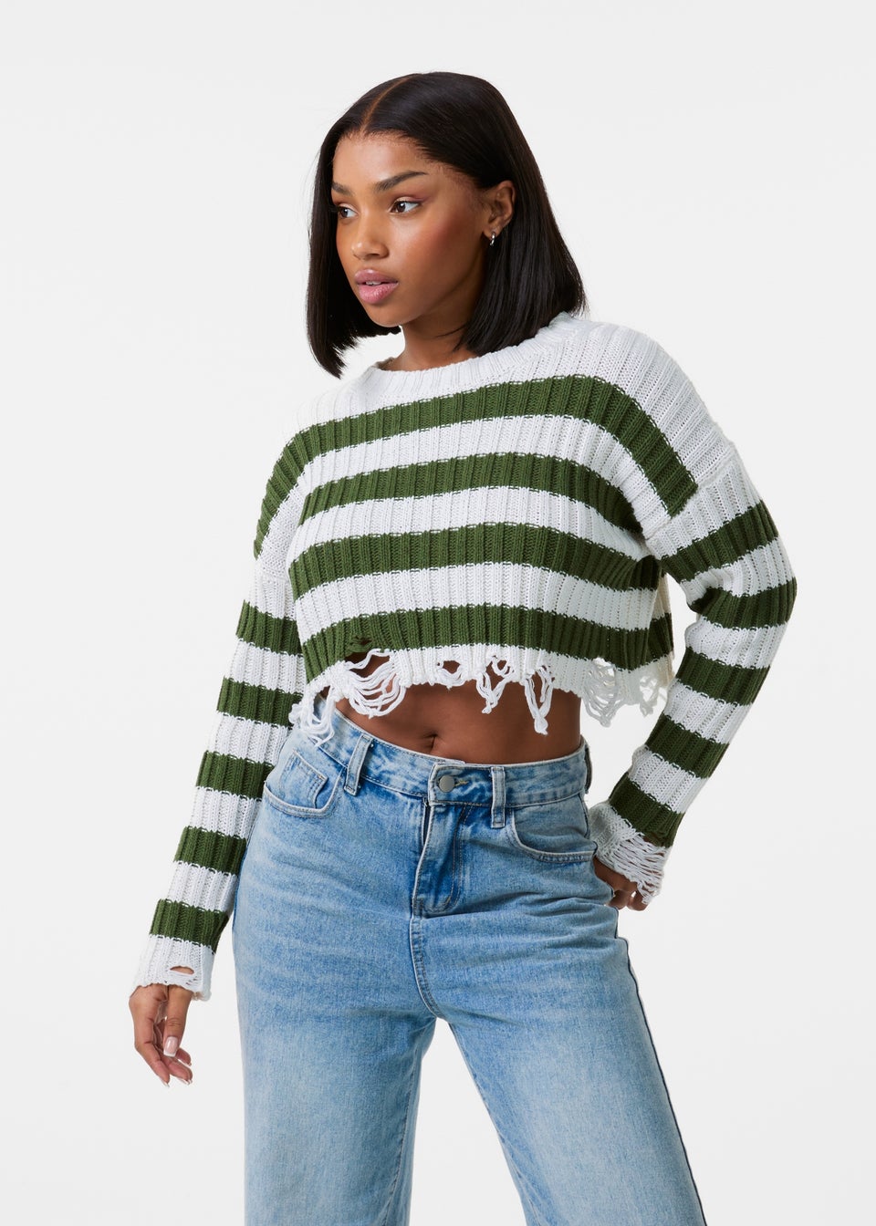 Pink Vanilla White Distressed Striped Crop Knit Jumper