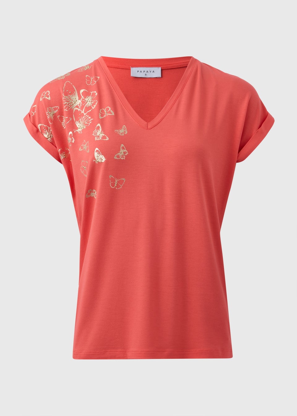 Coral Butterfly Foil V Neck T-Shirt