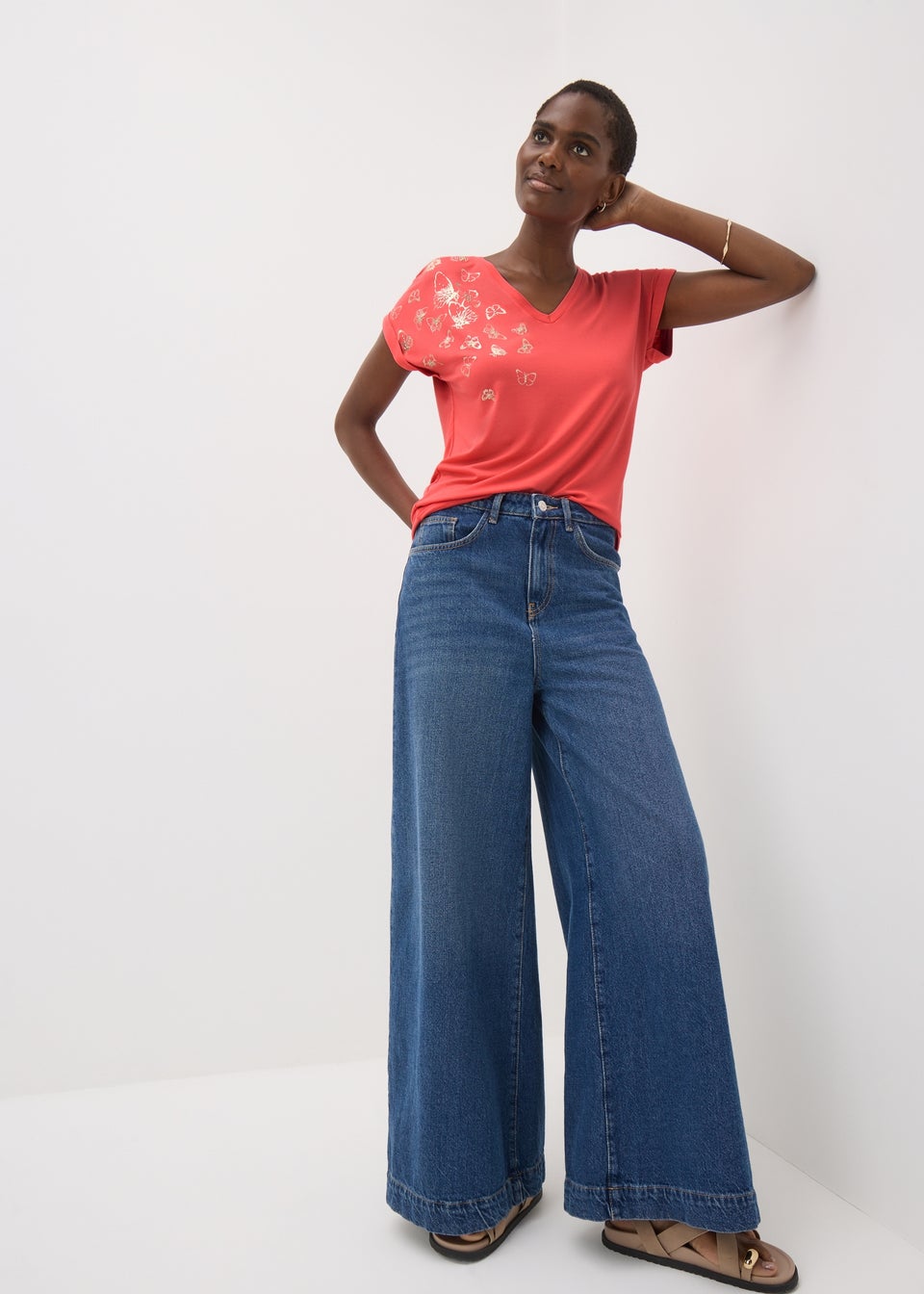 Coral Butterfly Foil V Neck T-Shirt