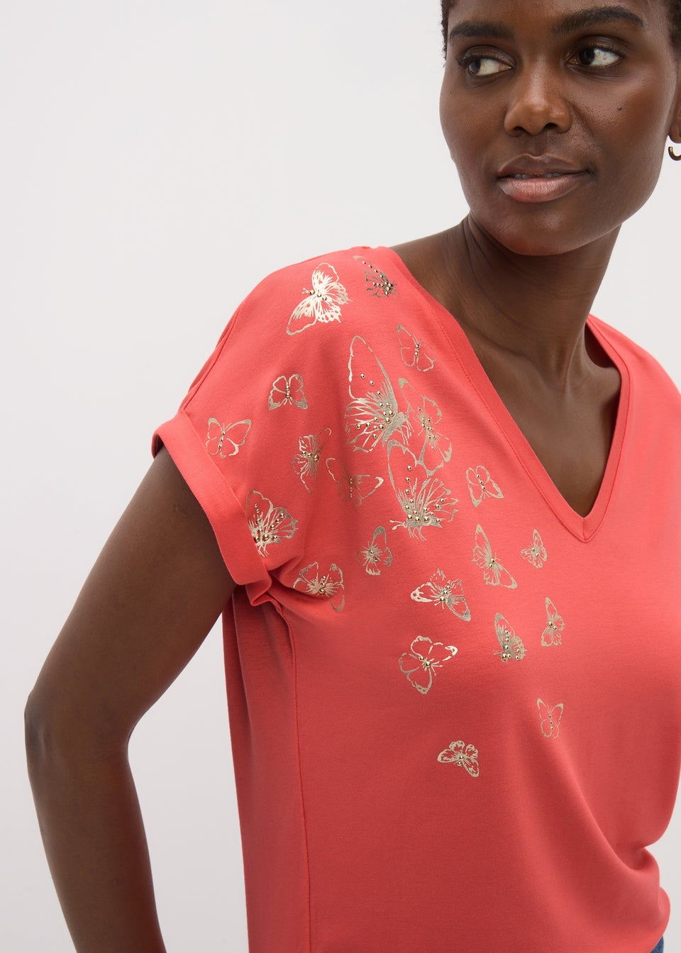 Coral Butterfly Foil V-Neck T-Shirt