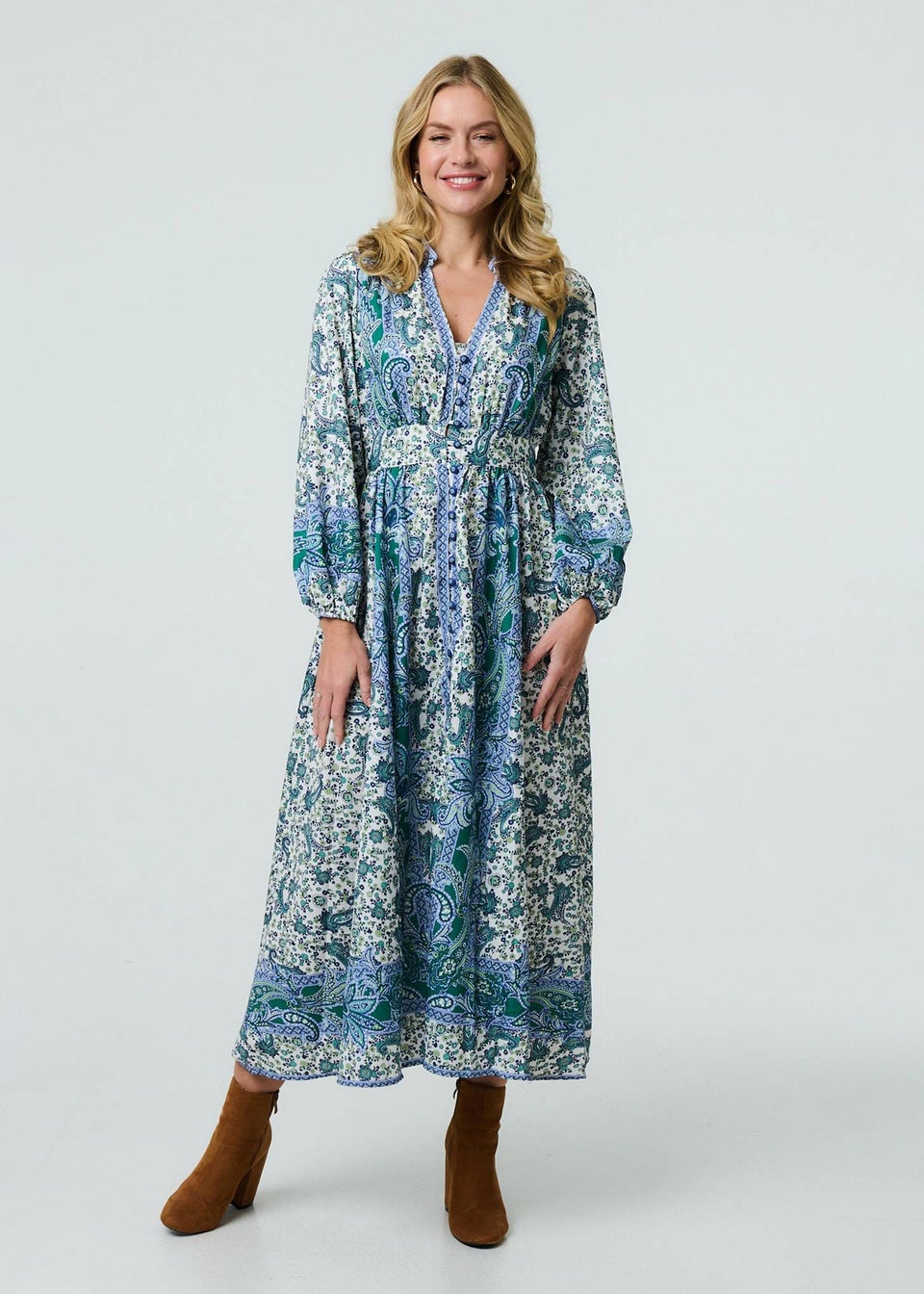 Izabel London Green Paisley Long Puff Sleeve Empire Maxi Dress