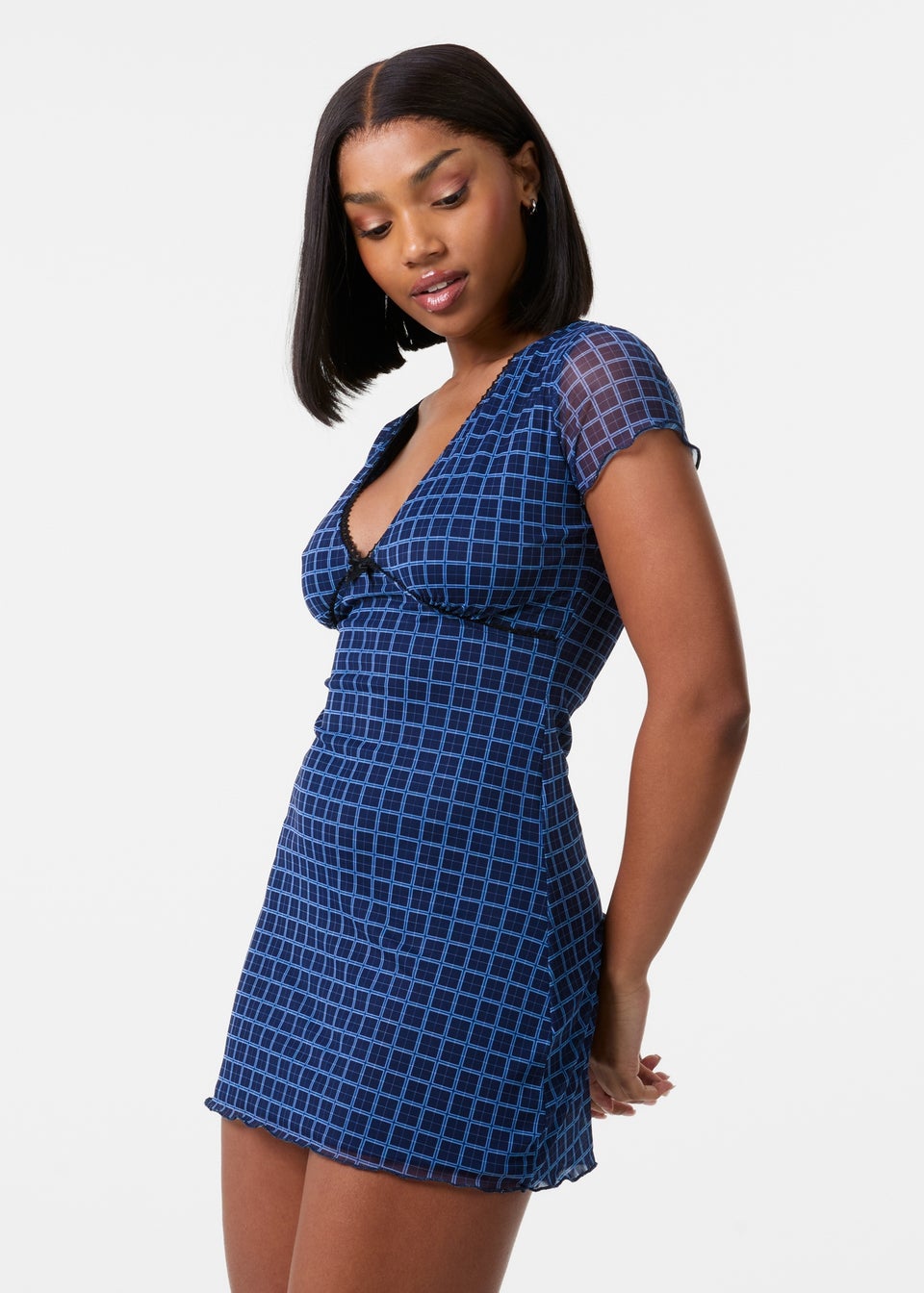 Pink Vanilla Navy Check Cap Sleeve Mini Dress