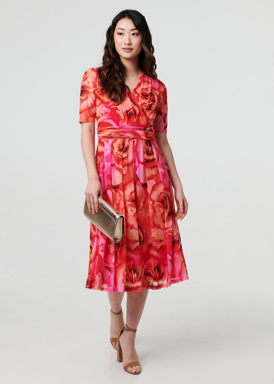 Izabel London Orange Floral Mesh Ruched Midi Faux Wrap Dress