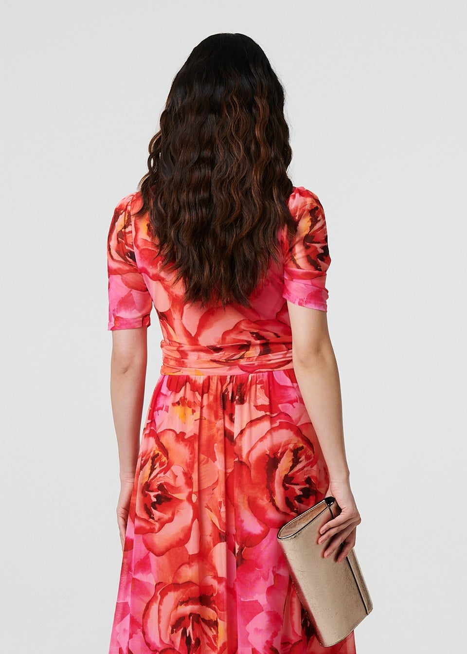 Izabel London Orange Floral Mesh Ruched Midi Faux Wrap Dress