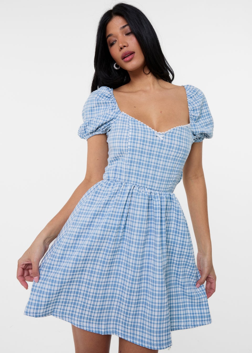 Pink Vanilla Blue Puff Sleeve Gingham Dress