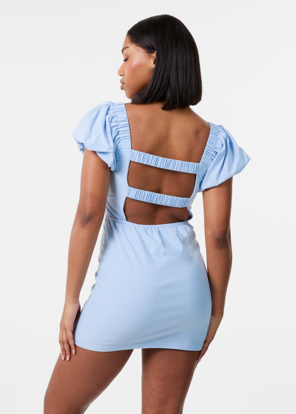 Pink Vanilla Blue Puff Sleeve Open-Back Mini Dress With Shorts
