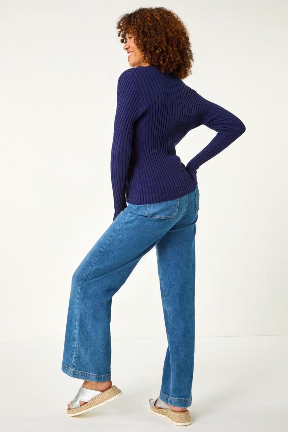 Roman Navy V-Neck Cable Ribbed Knit Jumper