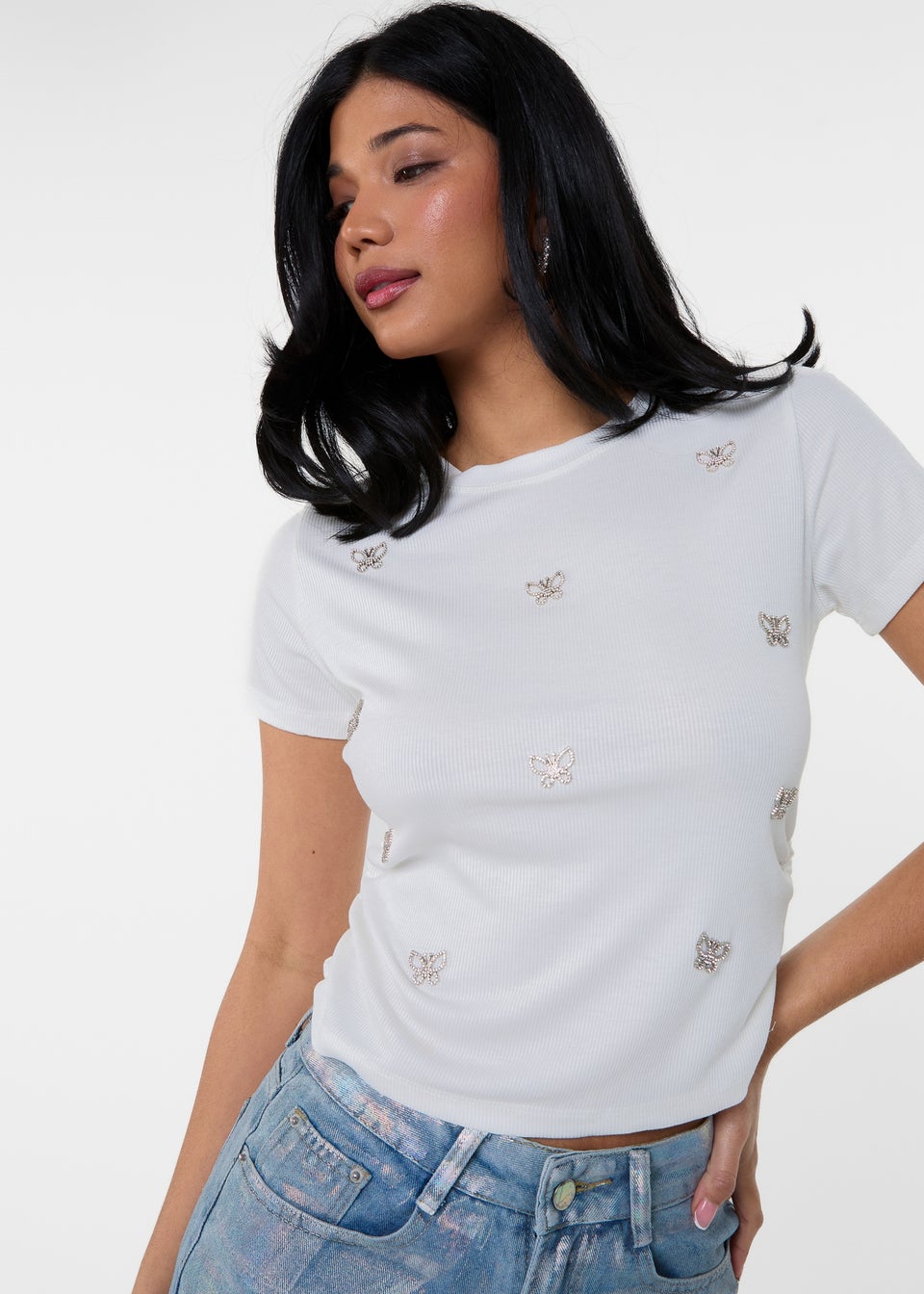 Pink Vanilla Ivory Butterfly Embellished T-Shirt