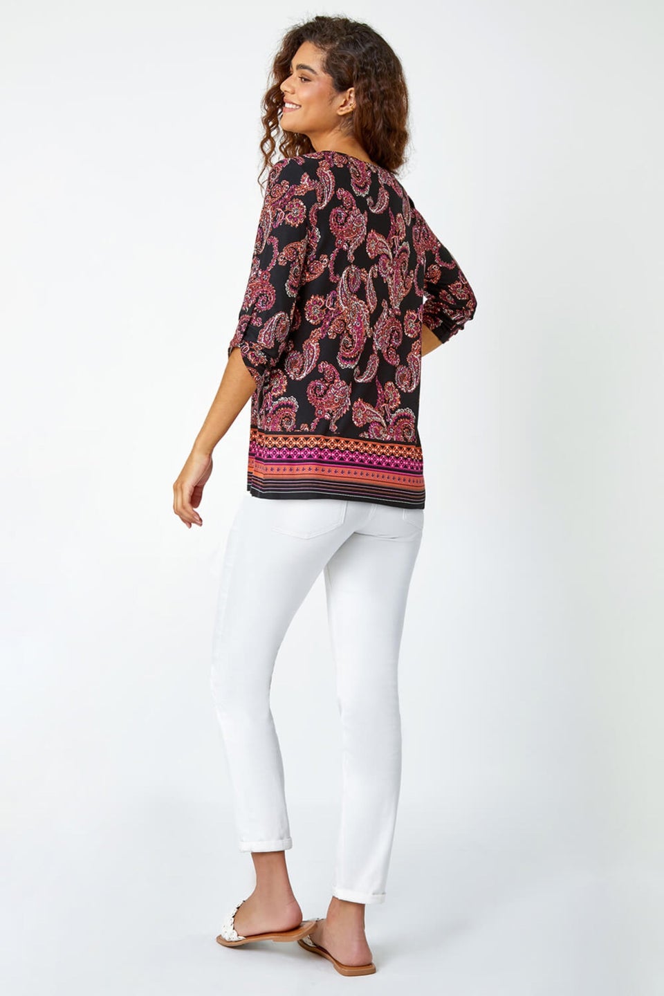 Roman Red Paisley Border Print Stretch Tunic Top