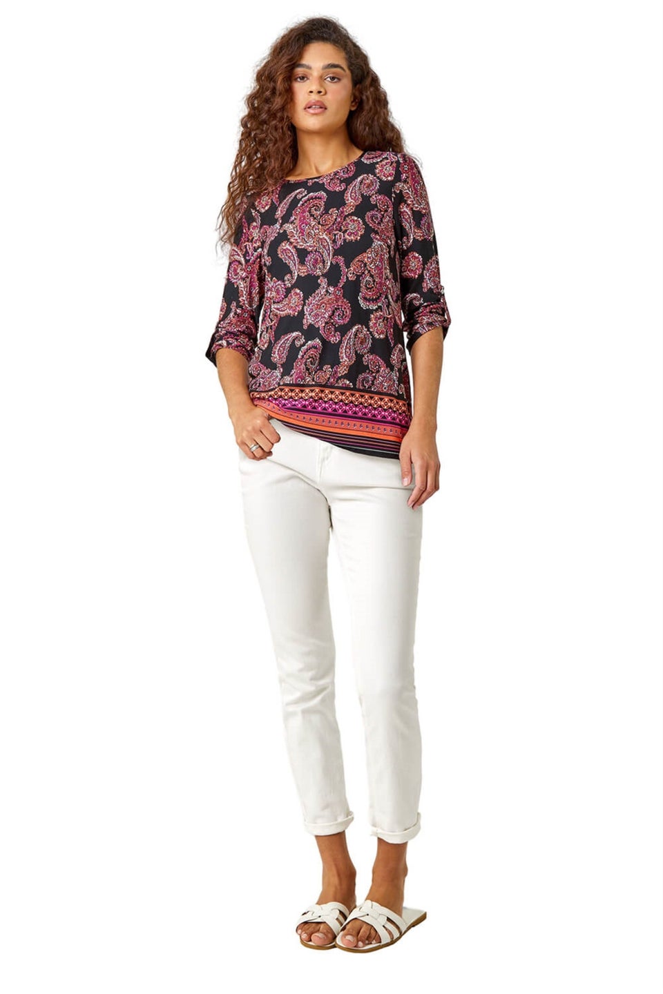 Roman Red Paisley Border Print Stretch Tunic Top