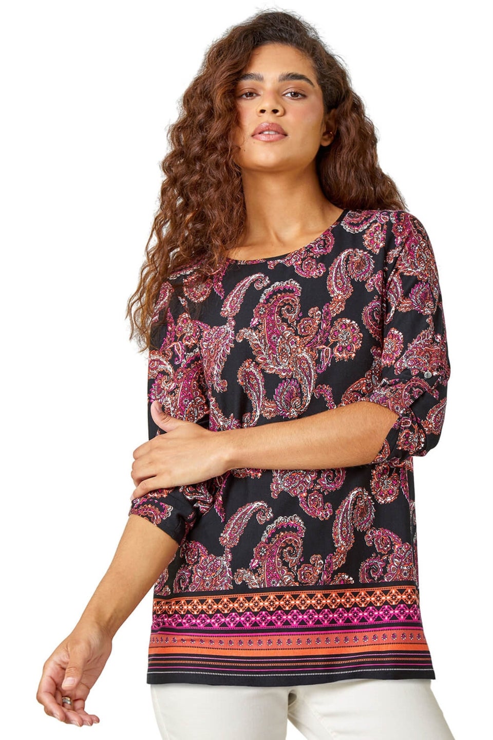 Roman Red Paisley Border Print Stretch Tunic Top
