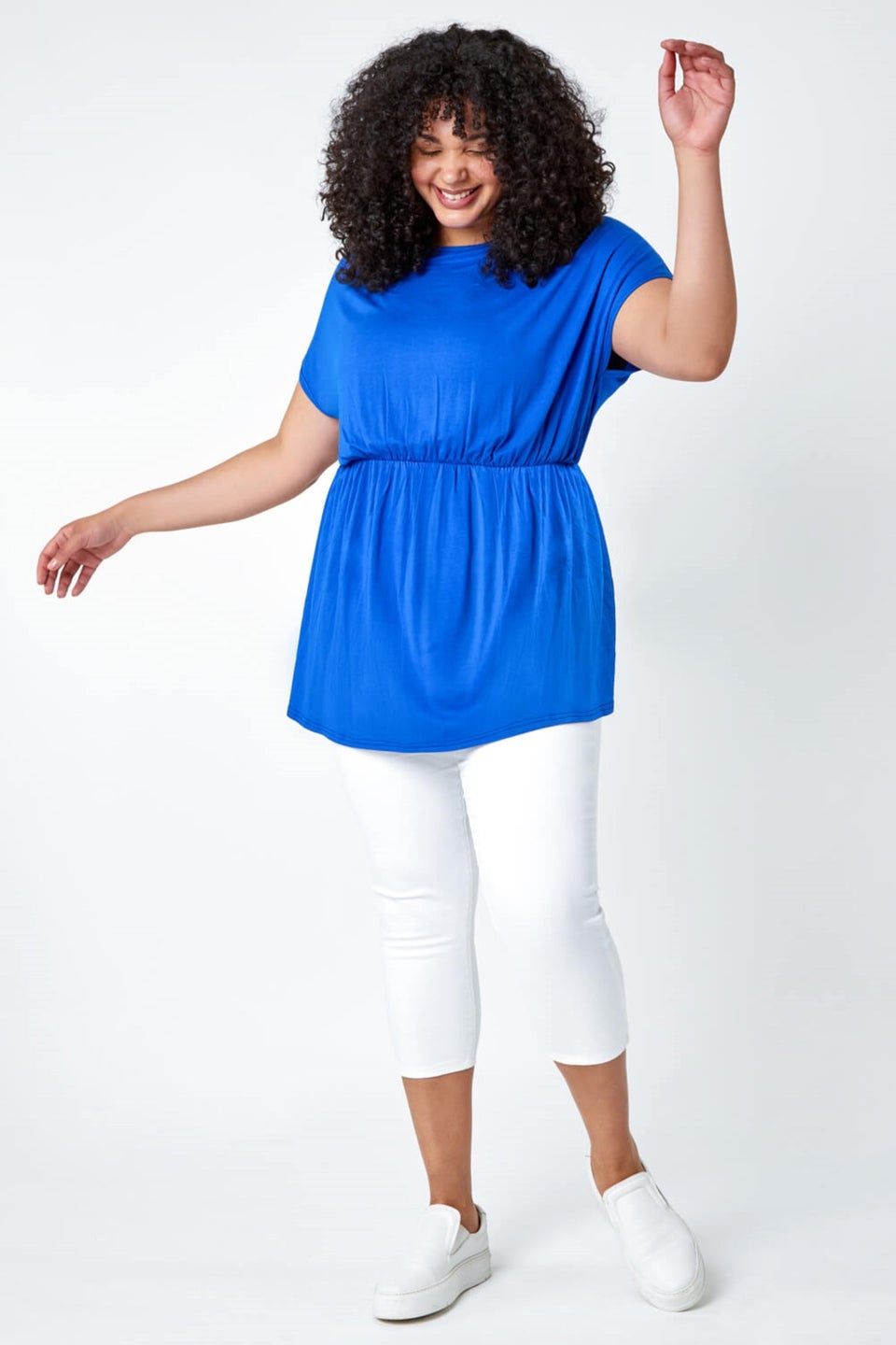 Roman Royal Blue Curve Shirred Waist Tunic Top