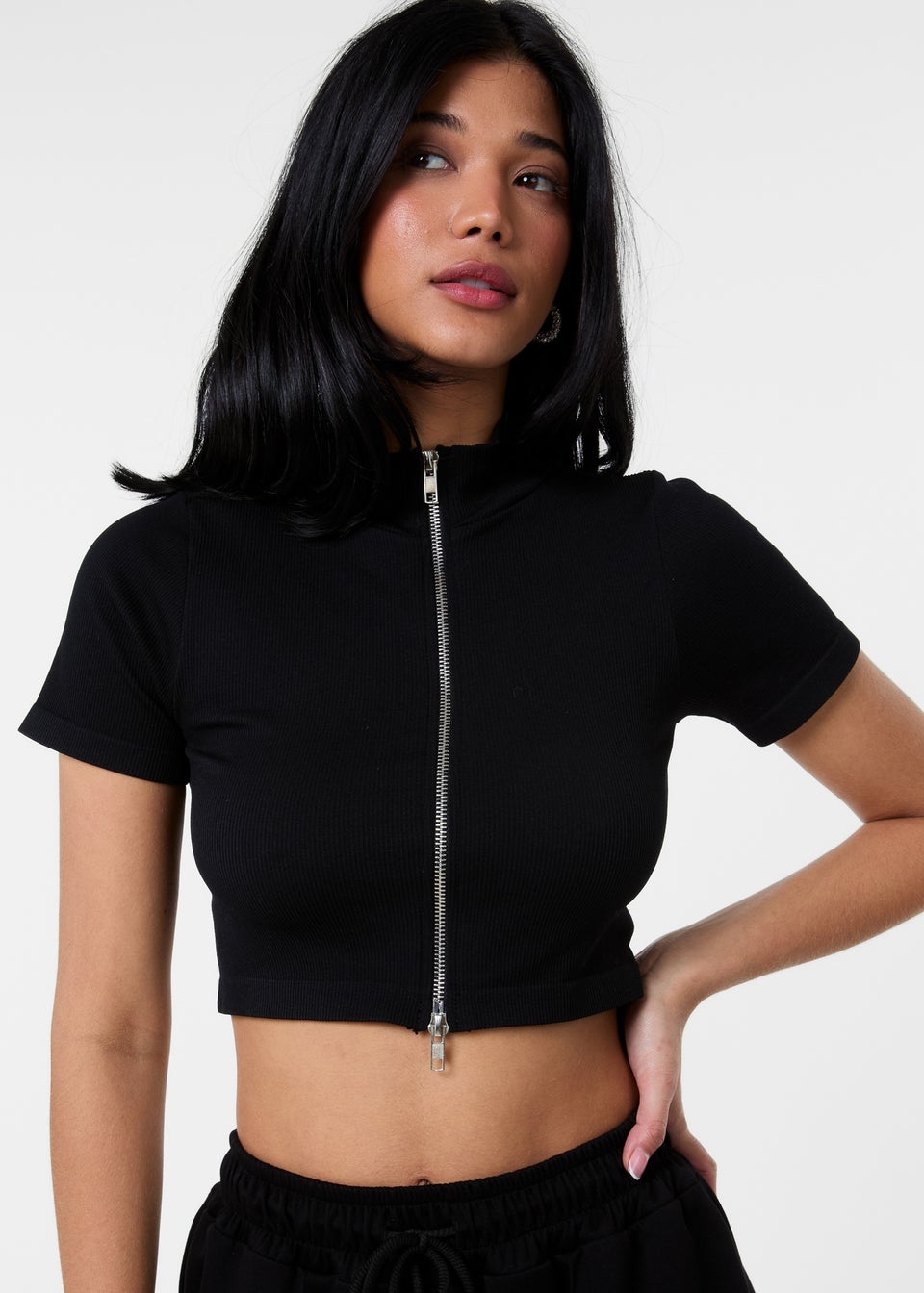 Pink Vanilla Black Double Zip Short Sleeve Rib Top
