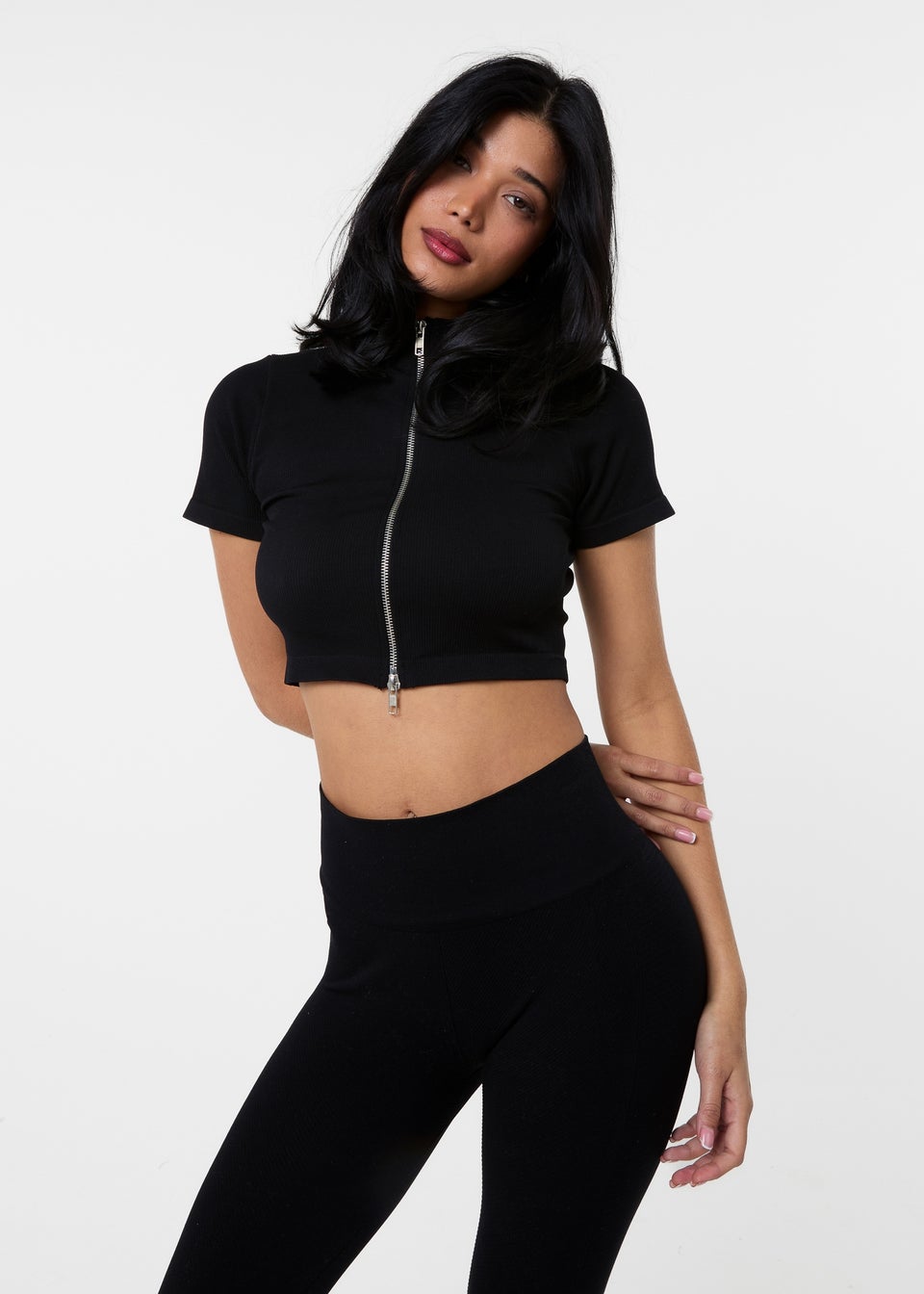 Pink Vanilla Black Double Zip Short Sleeve Rib Top