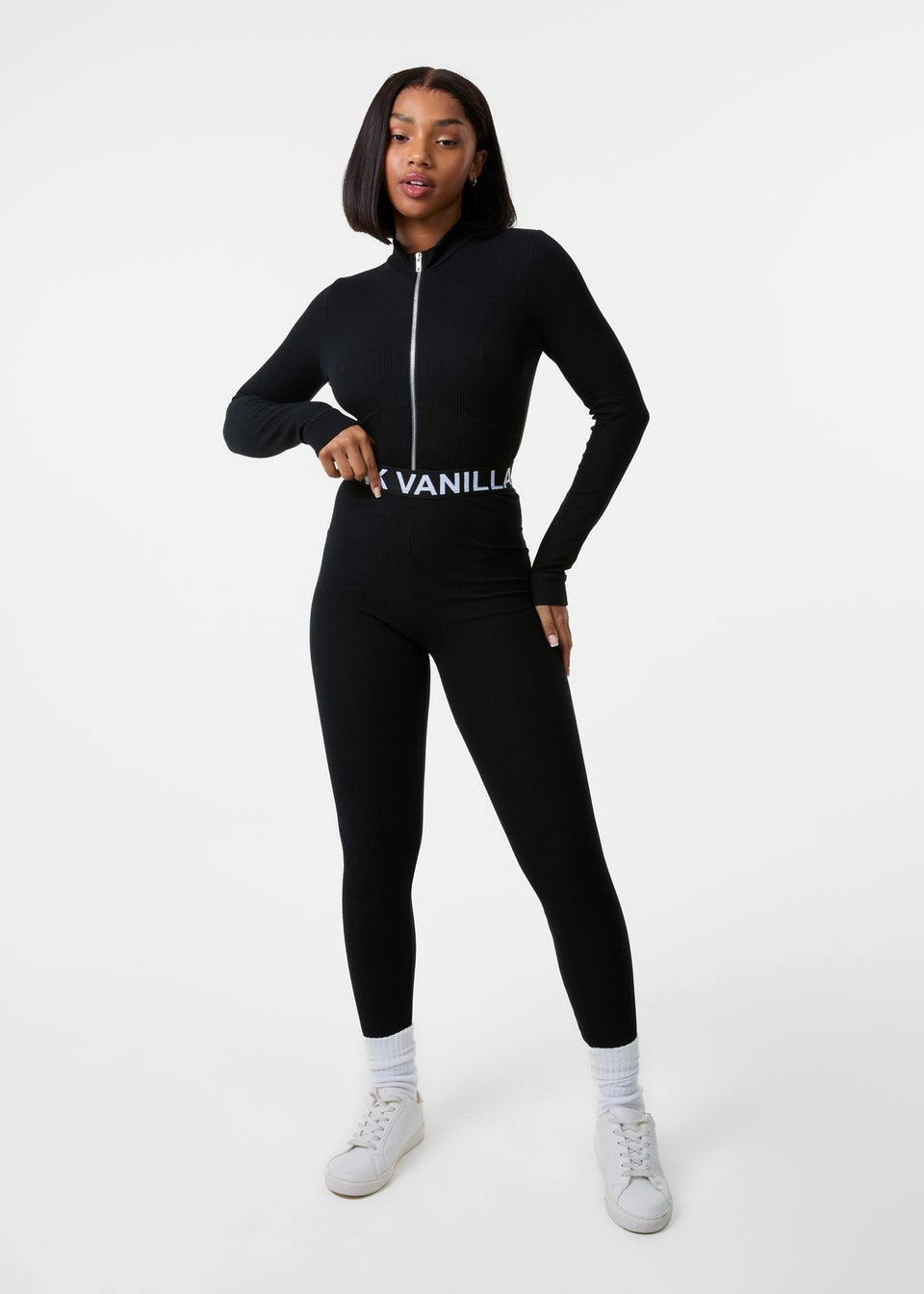 Pink Vanilla Black Ribbed Leggings With Logo Band