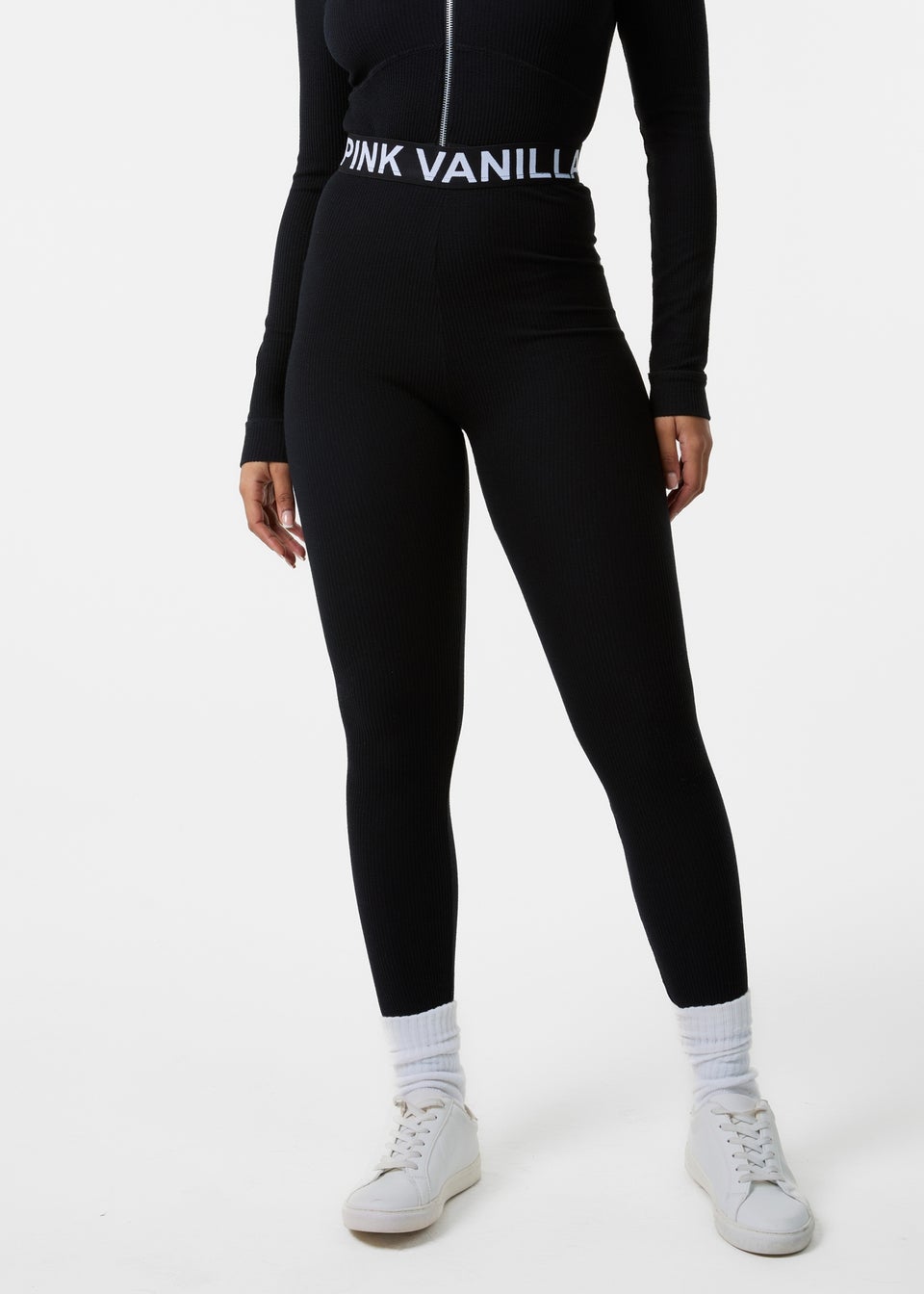 Pink Vanilla Black Ribbed Leggings With Logo Band