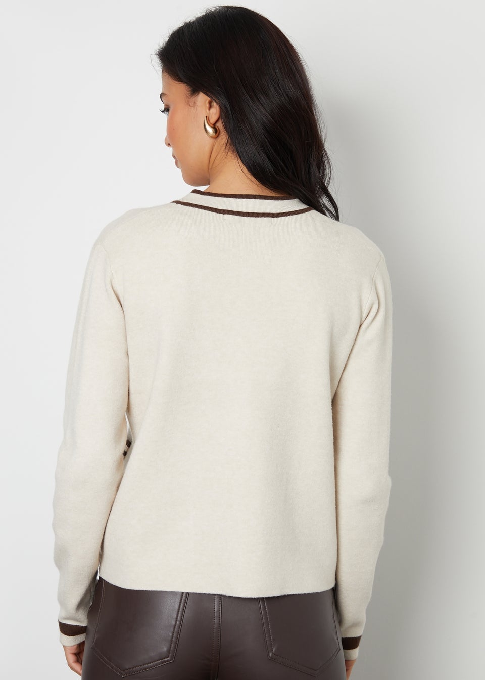 Threadbare Stone Contrast Edge Knitted Cardigan