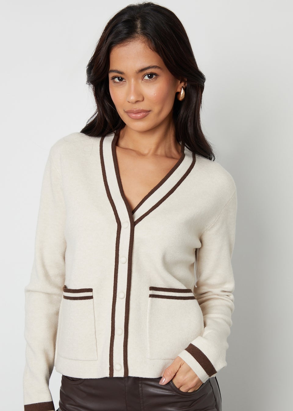 Threadbare Stone Contrast Edge Knitted Cardigan