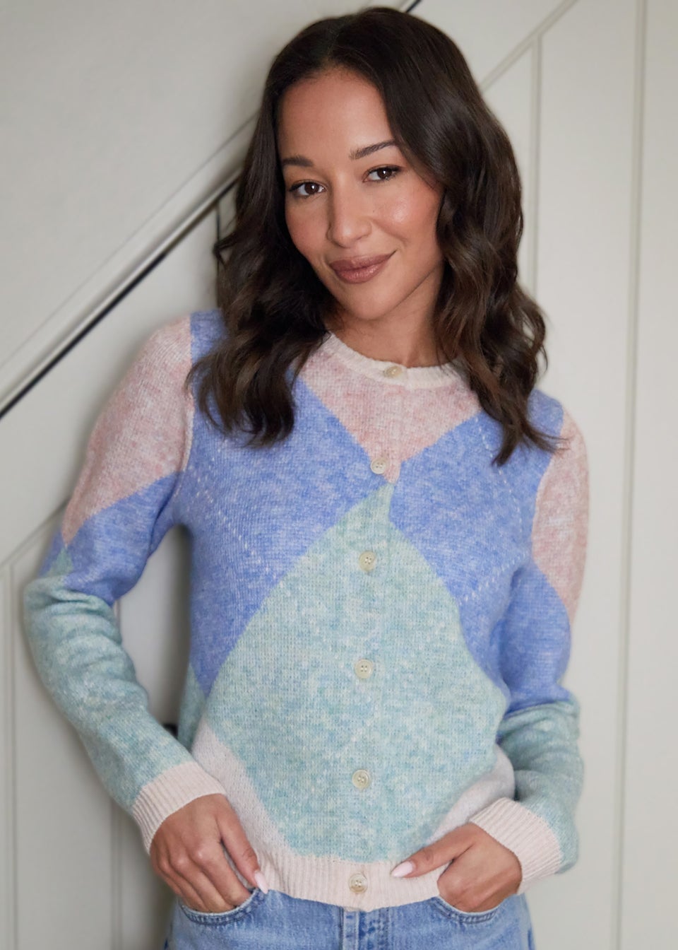 Threadbare Blue Argyle Button Up Knitted Cardigan