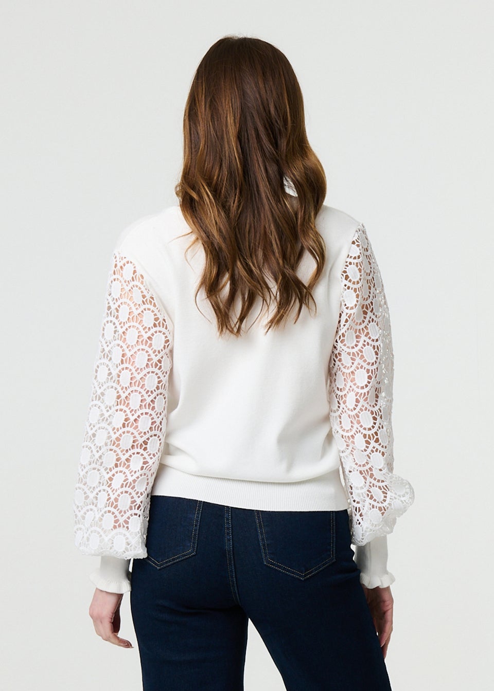 Izabel London White Sheer Lace Sleeve Knitted Jumper
