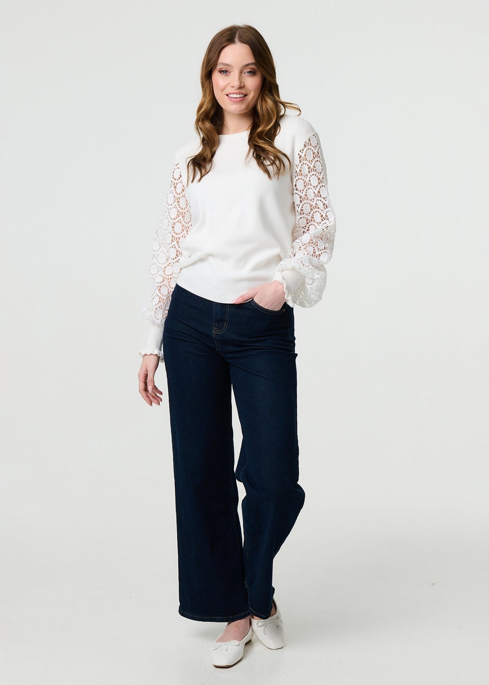 Izabel London White Sheer Lace Sleeve Knitted Jumper