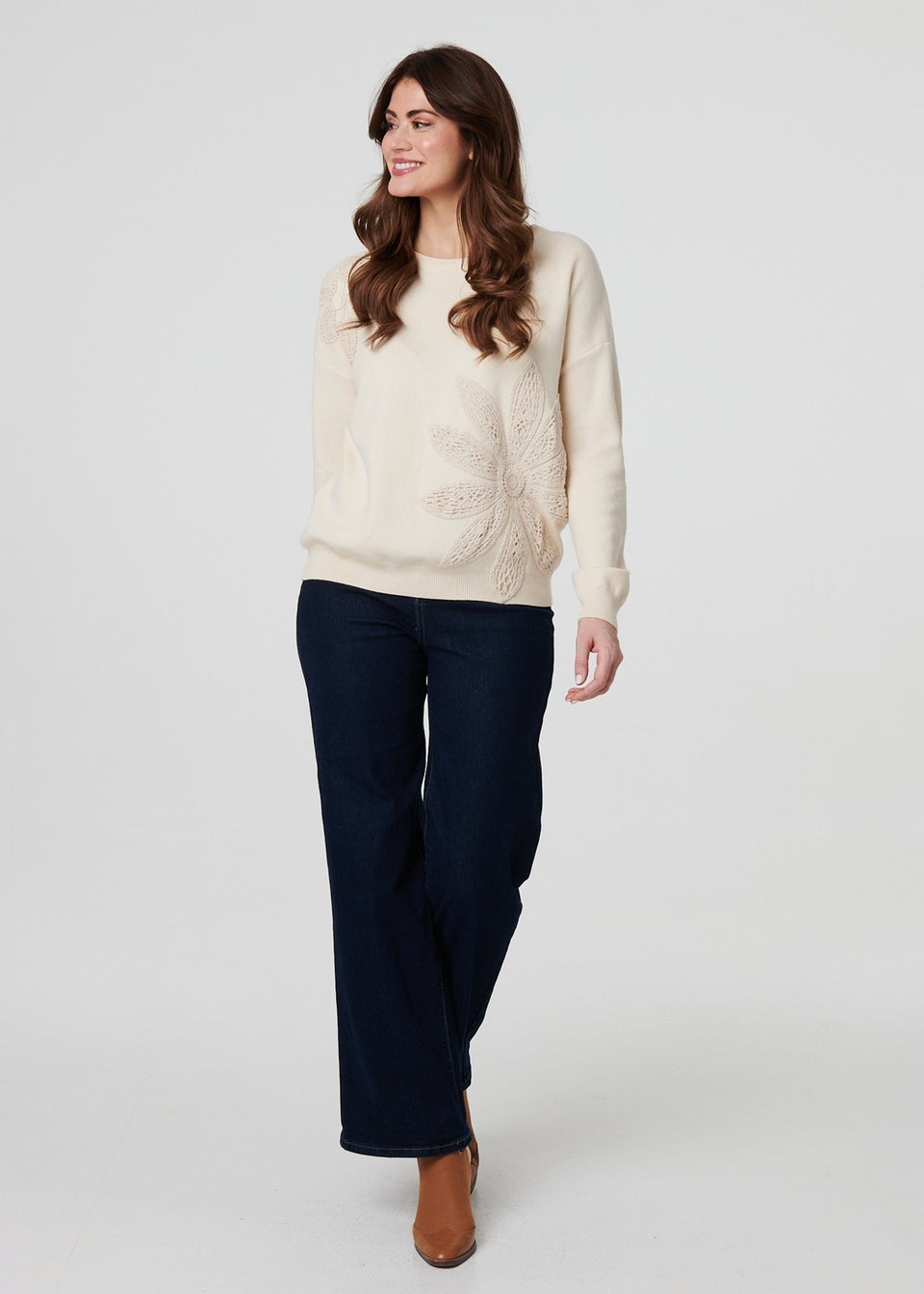Izabel London Ivory Floral Embroidered Drop Shoulder Jumper