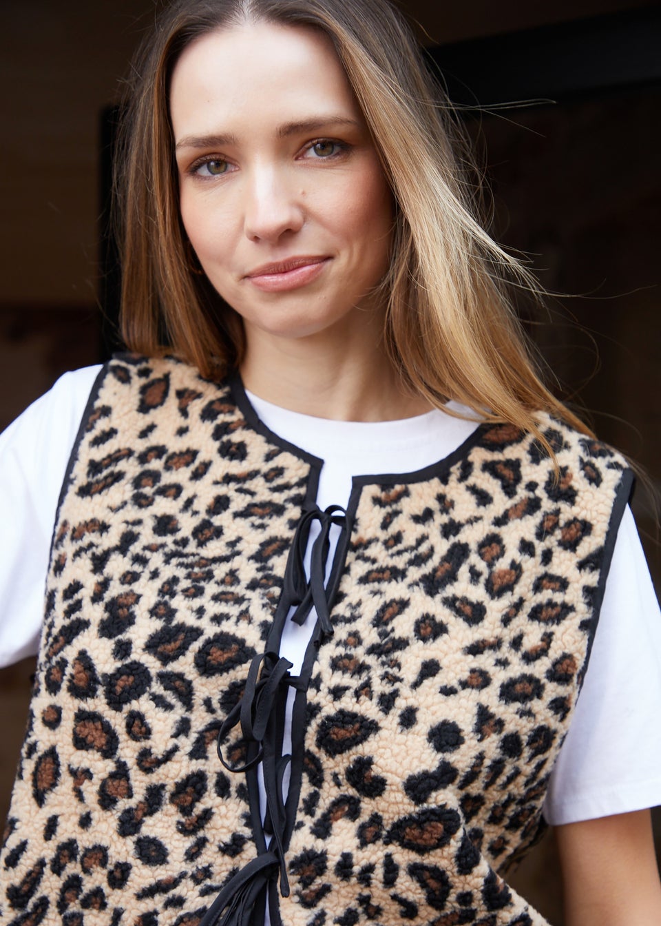 Threadbare Brown Leopard Print Tie Front Borg Gilet
