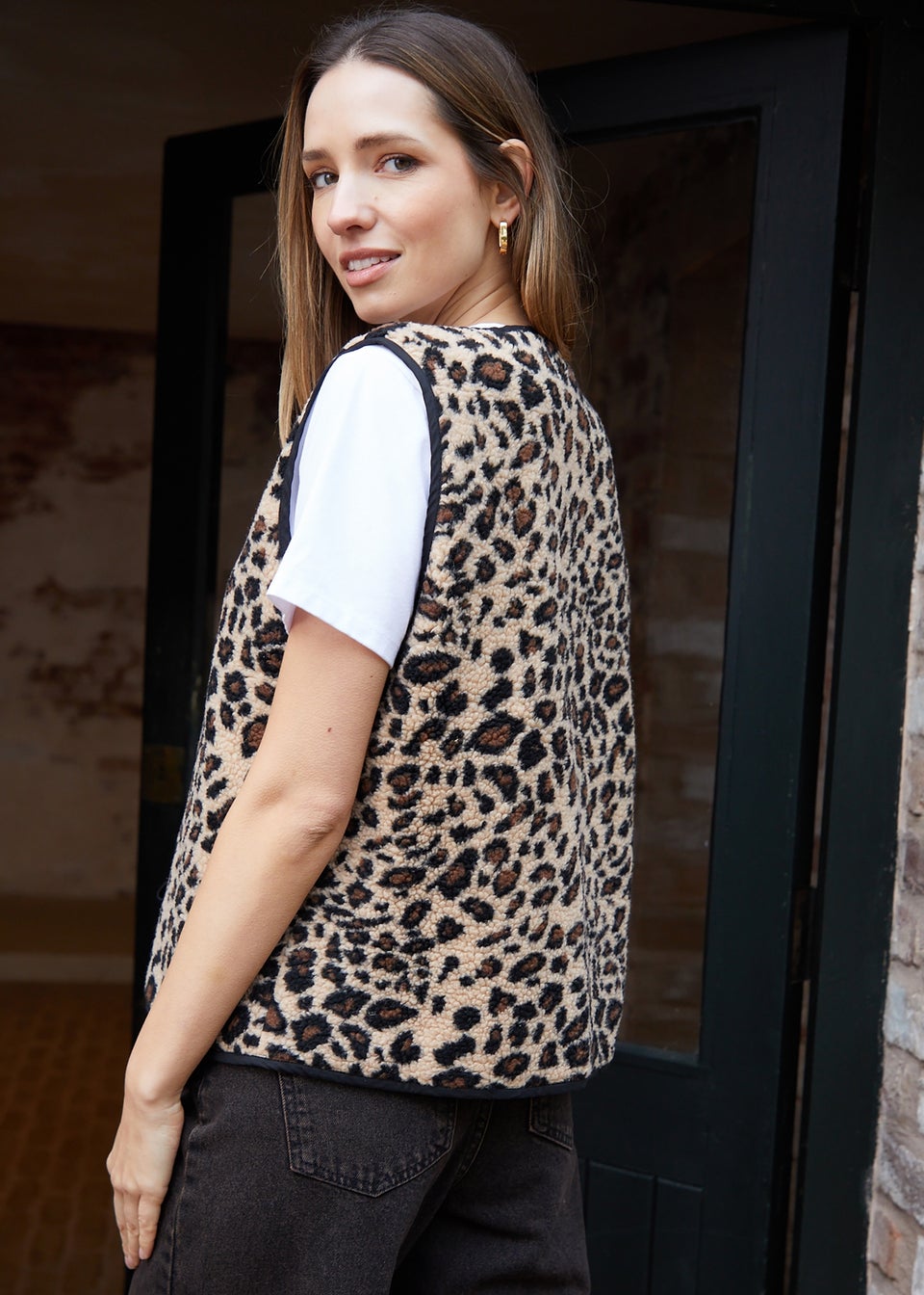 Threadbare Brown Leopard Print Tie Front Borg Gilet