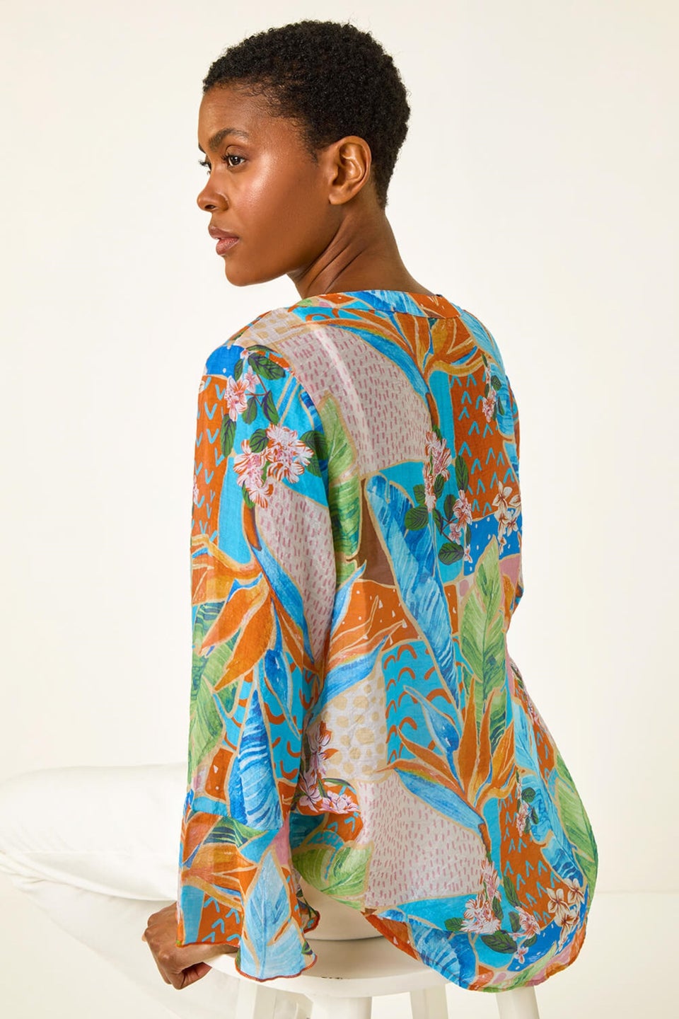 Roman Orange Tropical Print Frill Sleeve Top