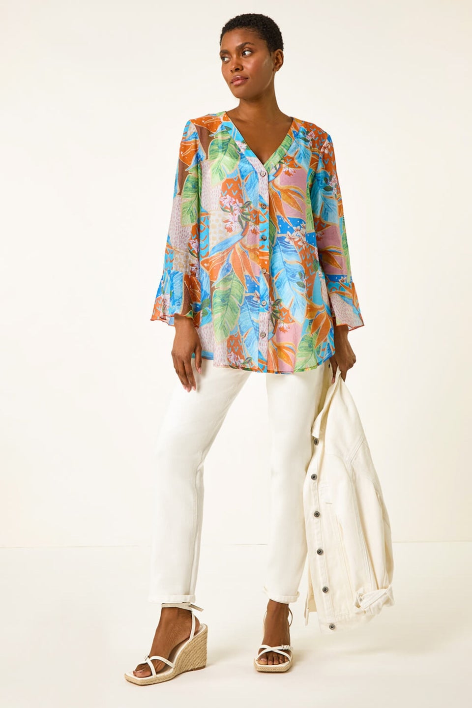 Roman Orange Tropical Print Frill Sleeve Top