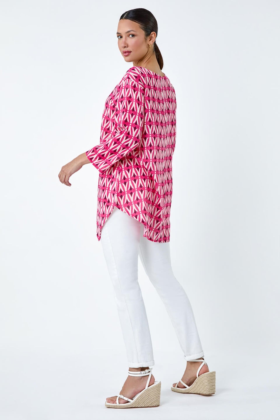 Roman Pink Cotton Geometric Pocket Longline Tunic Top