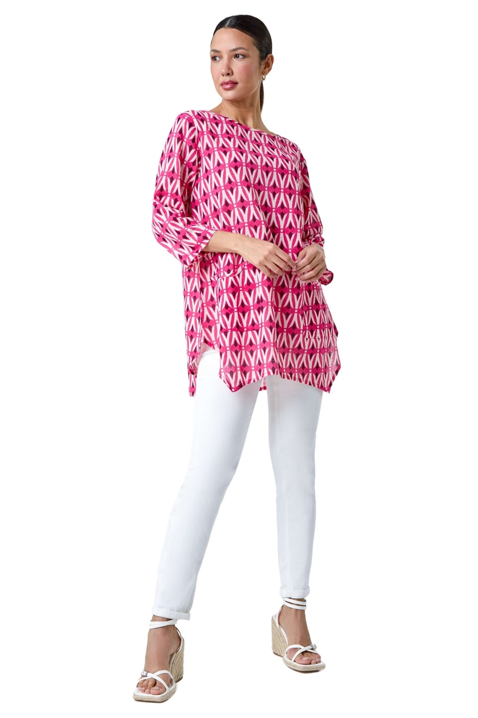 Roman Pink Cotton Geometric Pocket Longline Tunic Top